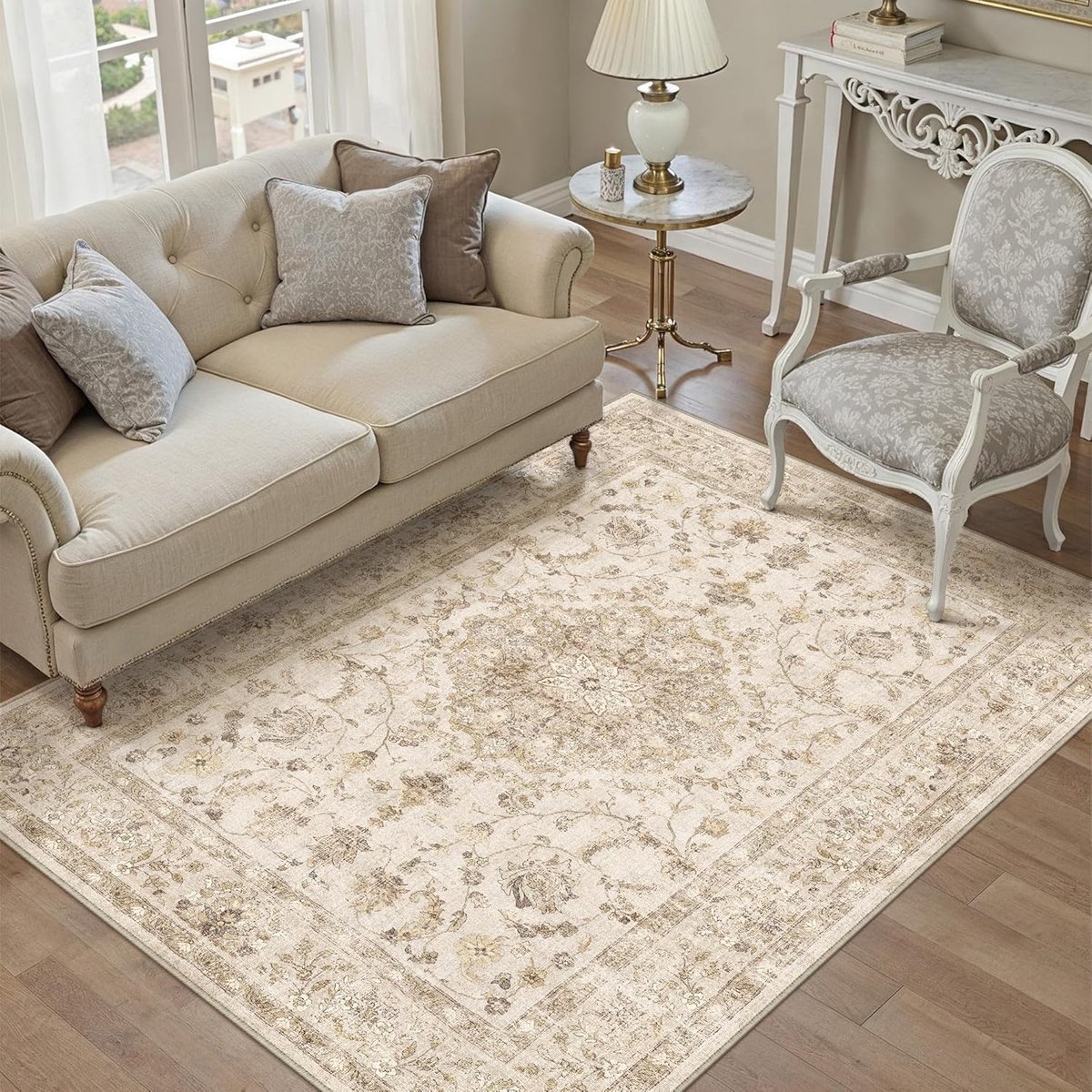 Beige Machine wasbare tapijten woonkamer 120 x 170 cm vintage vloerkleed voor eetkamer thuiskantoor slaapkamer keuken, zacht laagpolig Bobo tapijt accent vloertapijt voor woondecoratie