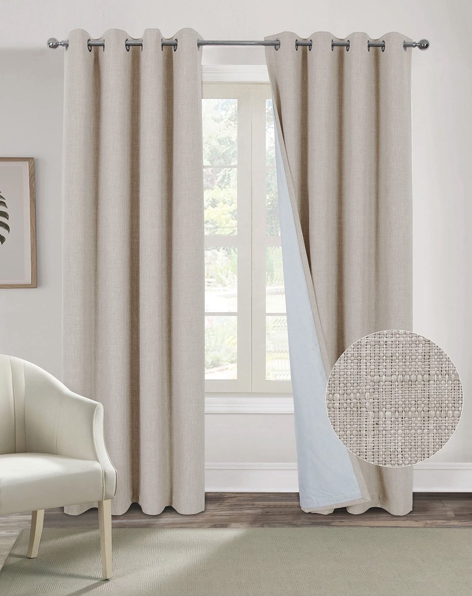 Gordijn, 100% warmte-isolerend imitatielinnen, dubbel gordijn, moderne woonkamer, met ringen, zachte kreukvrije stof, ivoorkleurig, 140 x 260 cm, set van 2