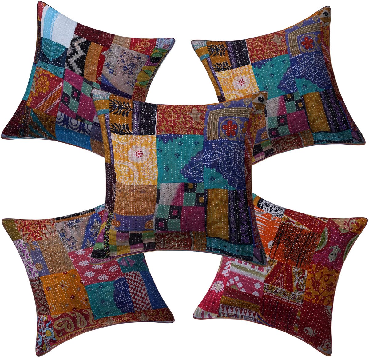 Indiase Vintage Kantha Gewatteerde Decoratieve Kussenslopen Handgemaakte Vintage Stof Patchwork Katoen Slaapkamer Sofa Gooi Kussensloop 60X60 cm Kussenslopen (2)