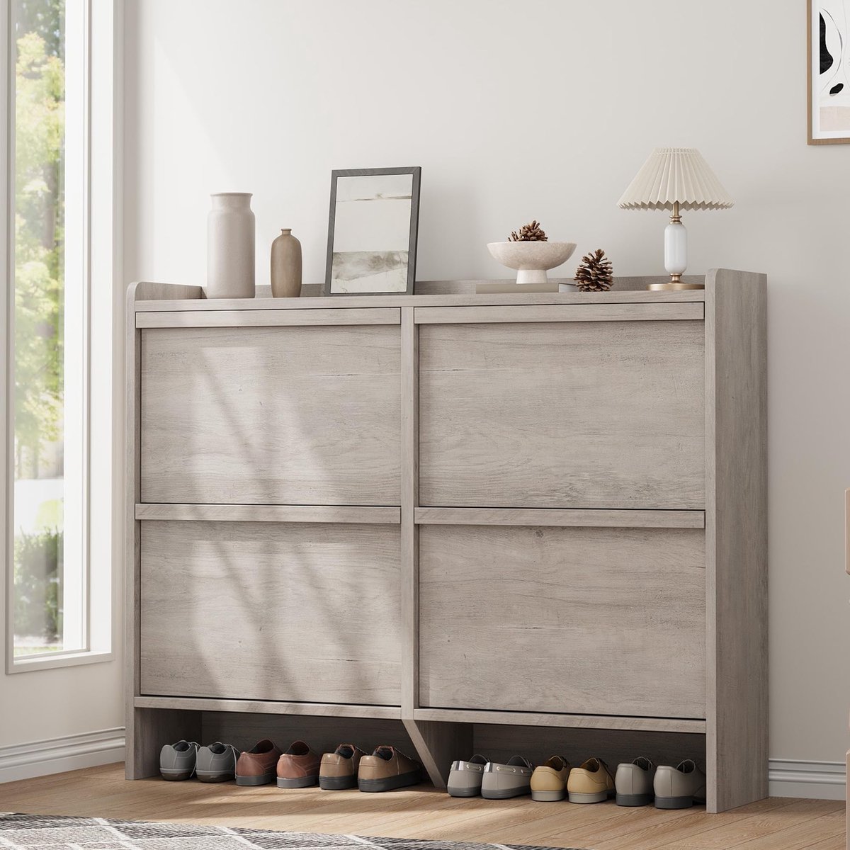 Grote Schoenenkast 4 Kleppen Voor 18-24 Paar Schoenen - 120x26x93cm - Schoenenrek - Schoenenmeubel Hout - Verstelbare Planken - Minimalistisch - Ruimtebesparend - Voor Hal Woonkamer - Grijs