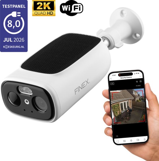 Witte Finex buitencamera, 2K Quad HD, WiFi, met zonnepaneel en smartphone-app.