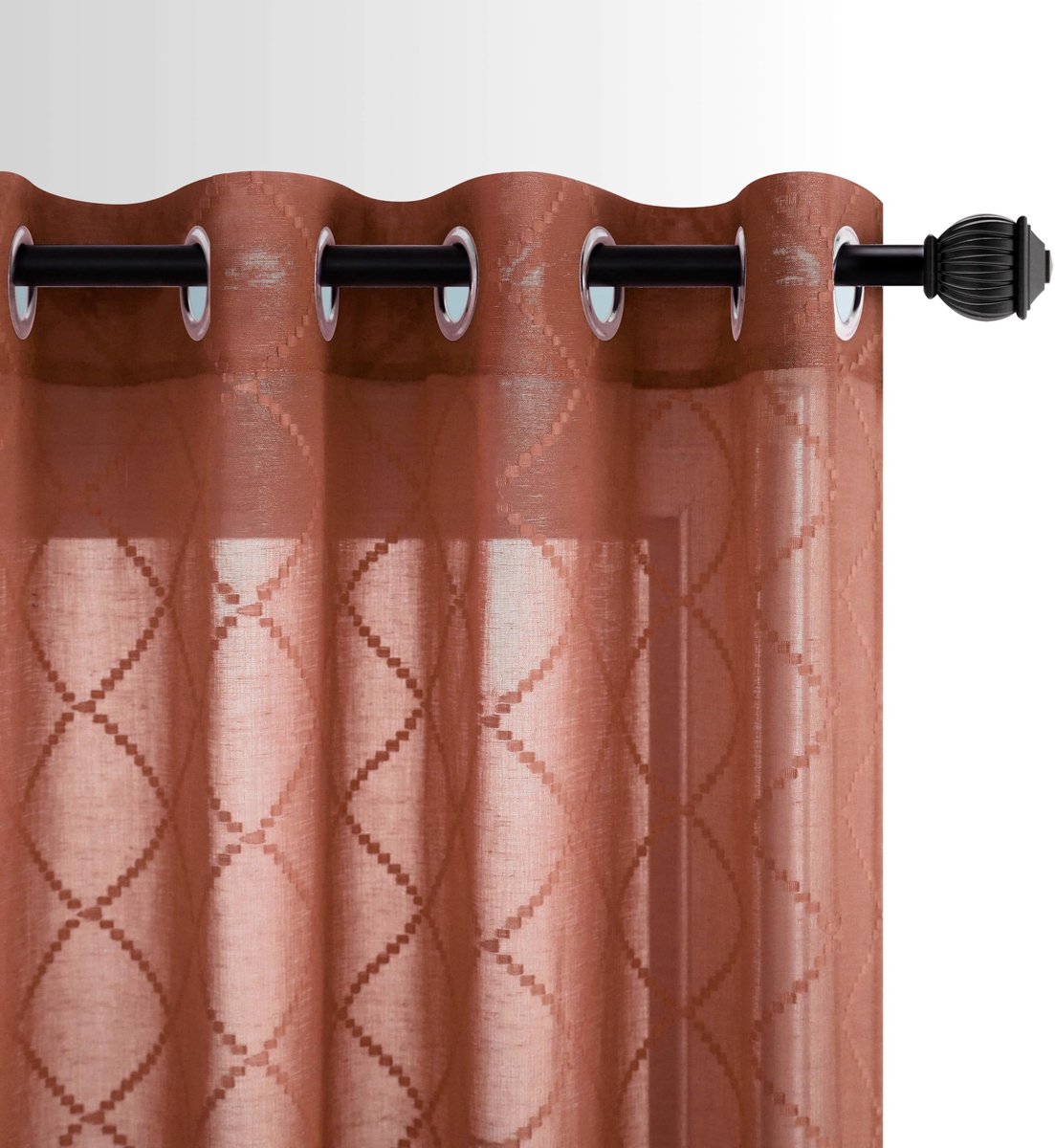 transparante gordijnen van 160 cm lang, set van 2 panelen met ringen, diamantpatroon en linnenstructuur, lichtdoorlatend en deels inkijkwerend, geschikt voor slaapkamer of woonkamer, in burnt orange