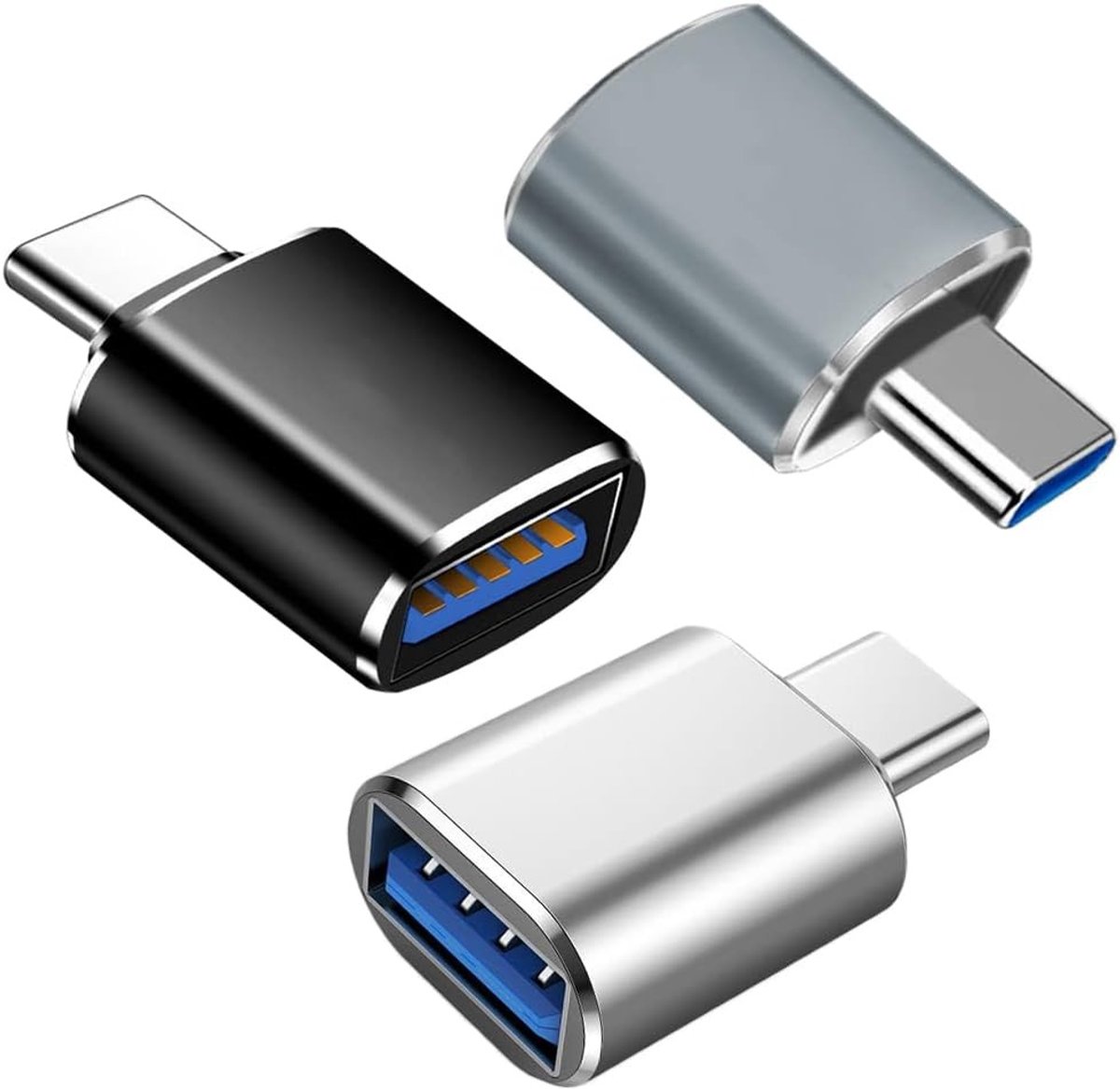 USB C naar USB Adapter Set van 3 Stuks, USB 3.0 OTG Adapter voor MacBook, iPhone, iPad en Samsung Galaxy - Compatibel met Type-C Telefoons en Tablets, Zwart/Zilver/Grijs
