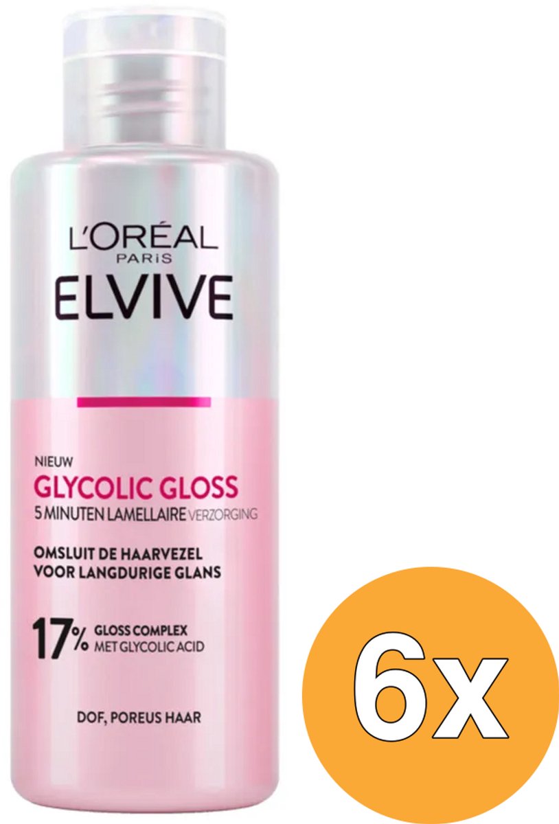 L'Oréal Paris Elvive Glycolic Gloss Ultimate 5 Minuten Lamellaire Verzorging - Haarverzorging voor dof, poreus haar - met glycolic acid voor glanzend haar - 6 x 200ml