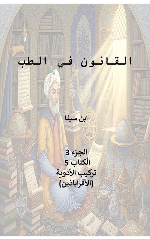 Een illustratie van de "Canon of Medicine", met de titel "Al-Qanun fi al-Tibb" in Arabische kalligrafie, met een man in traditionele kleding zittend tussen boeken en wetenschappelijke instrumenten.