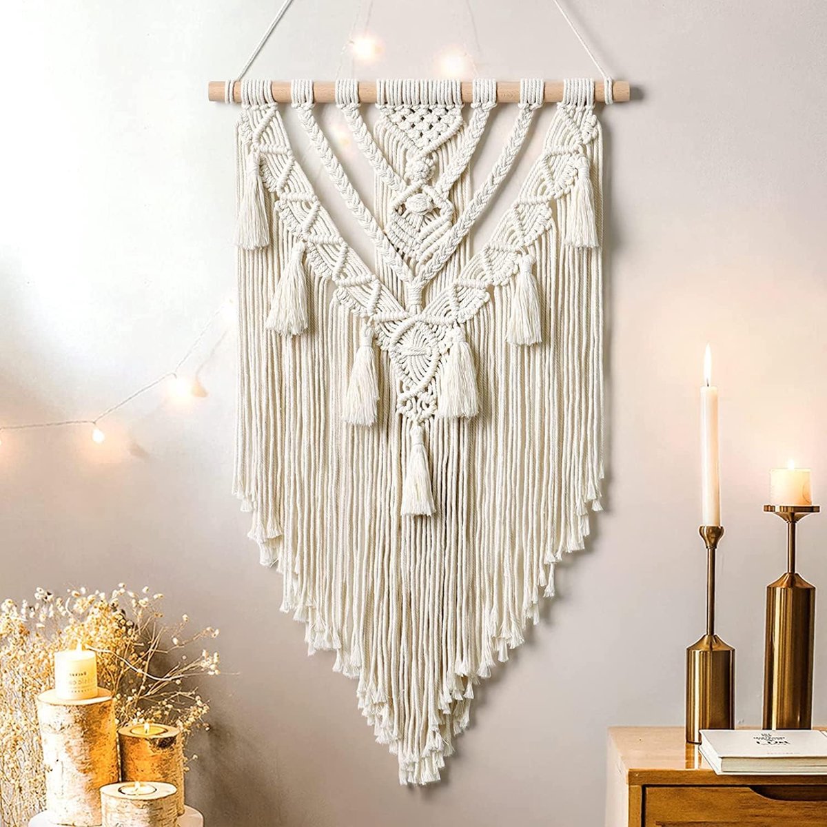 Boho Macrame Muur Opknoping Geometrisch Geweven Wandtapijt Beige Katoen Handgemaakte Bohemian Art met Kwastje Craft Ornament voor Slaapkamer Woonkamer Appartement Kwekerij (Beige)
