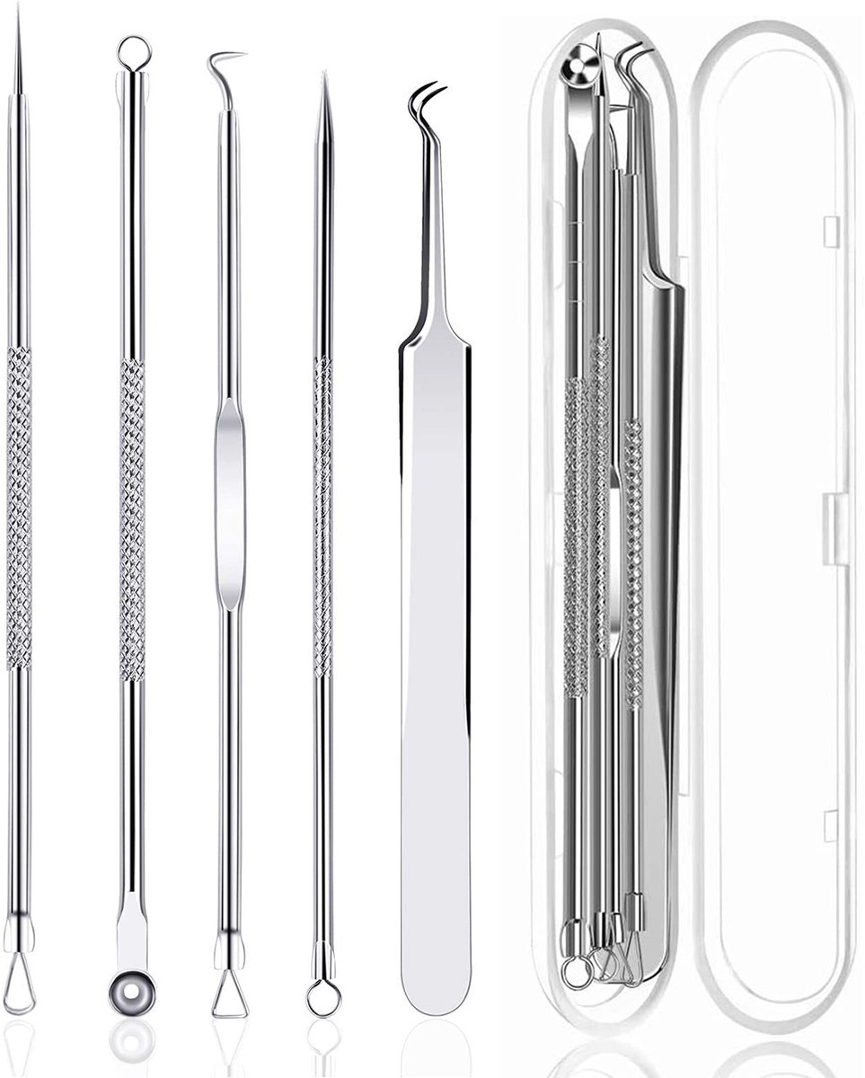Dailygoods- Comedone Extractor 5-in-1 Set - Mee-eterverwijderaar - Acne Tool - Roestvrij Staal - Opbergdoos - Antislip Ontwerp - Acne Verwijderaar