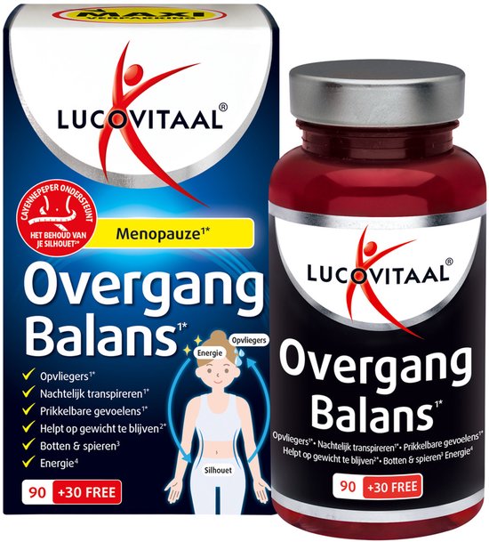 Lucovitaal Overgang Balans verpakking met afbeelding van een vrouw en tekst.