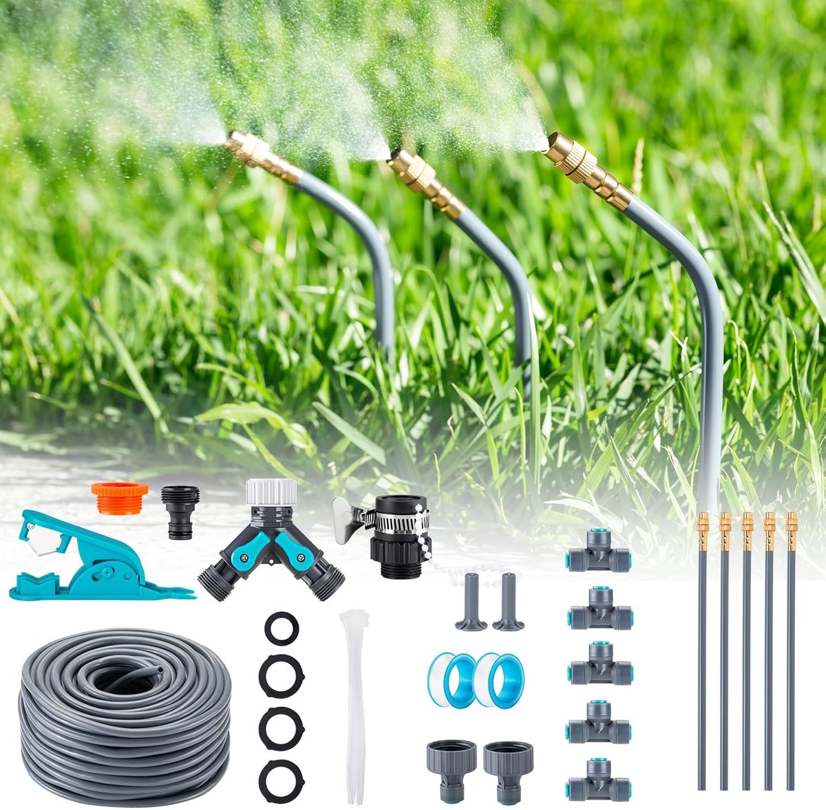 360° automatisch tuinirrigatiesysteem, druppelirrigatie met nauwkeurige stroomregeling, sprinklersysteem, koelsysteem voor broeikas, bloembed, terras, balkonpotplanten (5 m)