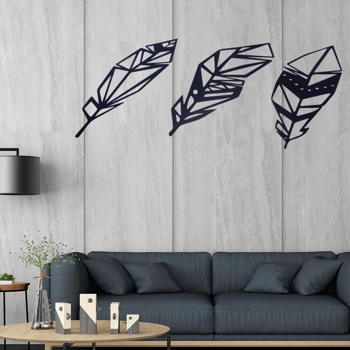 1 set zwarte metalen wanddecoraties, minimalistische esthetische wanddecoraties van draad, sculpturen en hangende ornamenten (veren)