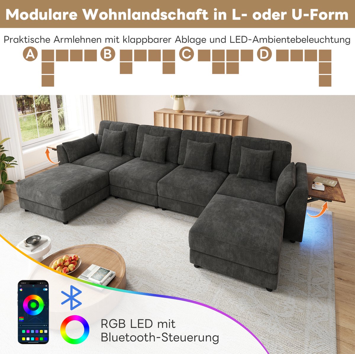 MIVRAY U-bank 292 x 135 x 82 cm - Modulaire Hoekbank Met 2 Verplaatsbare Hockers En Opklapbare Armleuningtafel - Chenille Grijs