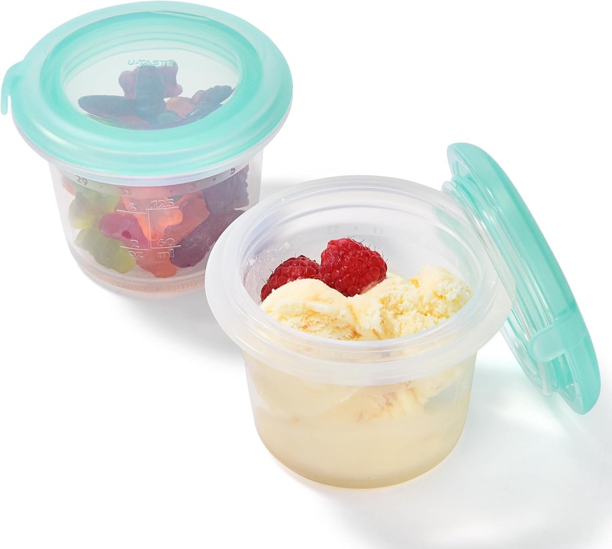 Siliconen voedselcontainer set van 125ml: kleine keukenopslag met luchtdichte deksel, vriezer- en magnetronbestendig, snackbox met datummarker, transparant en stapelbaar (Aqua Sky, 2-pack)