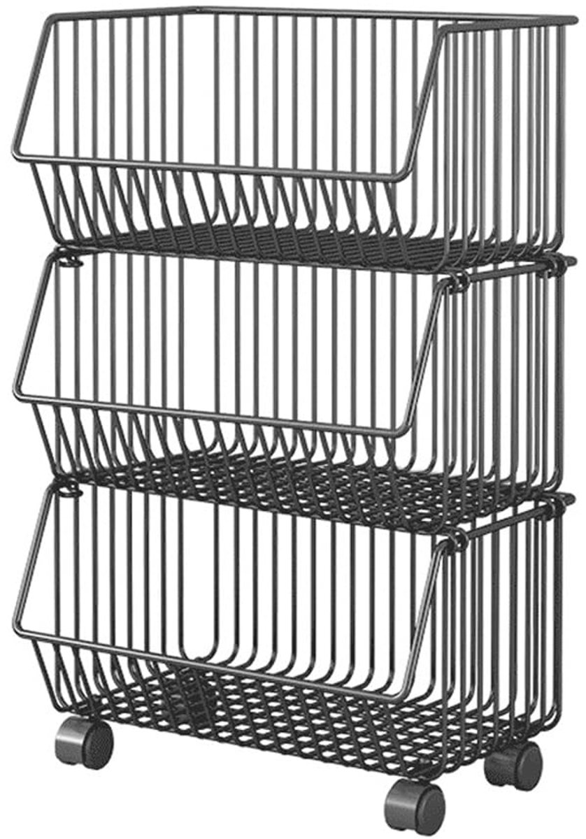 Rollende snack- en opbergkar met wielen, stapelbare fruitmand met 2/3 niveaus, metalen draad, aardappel uien organisator mand bakken rek voor keuken en voorraadkast-organisatie (3 lagen)