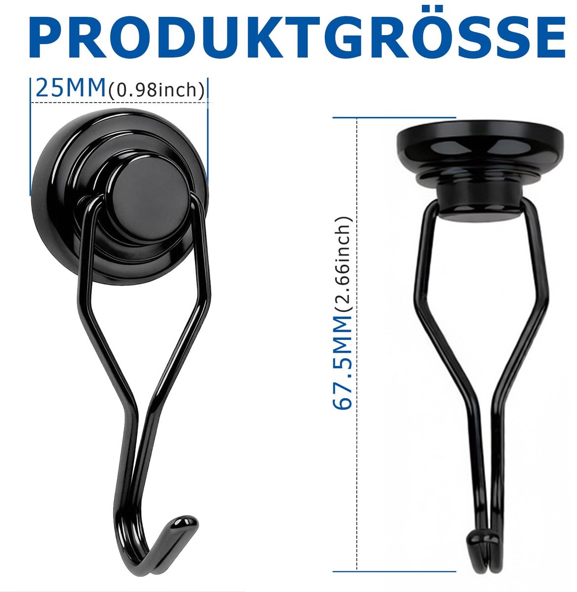 Haken, extra sterk, 25 mm, 18 kg, houdkracht met neodymium-magneten voor werkplaats, garage en camping, draaibare en roestvrije zwarte haken, 9 stuks