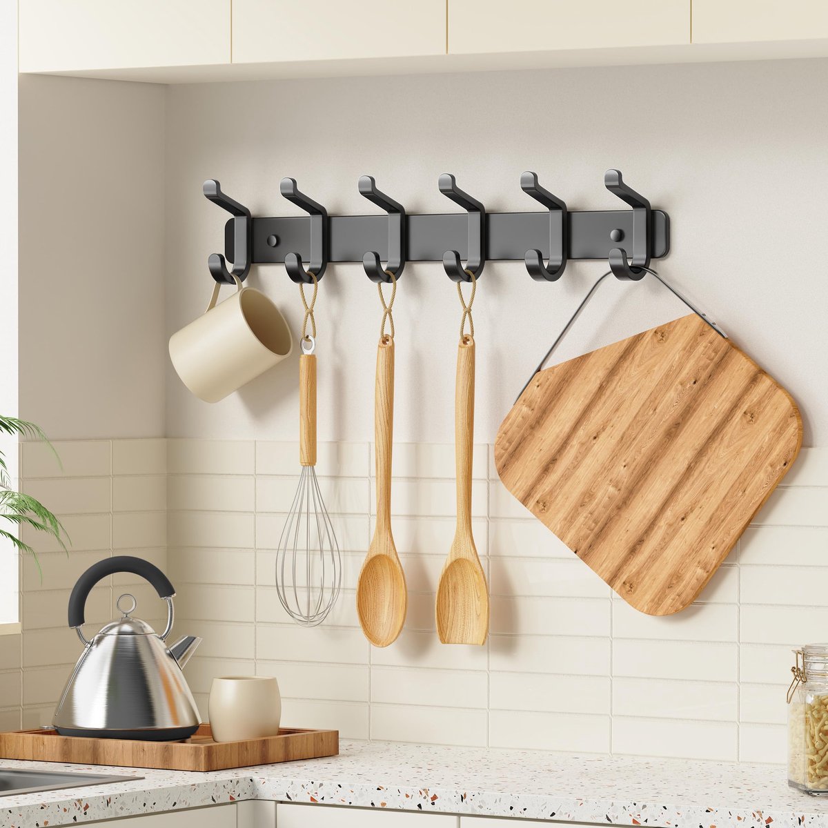 Haken met 6 haken, metalen kapstokhaken, wandrek voor jassen, tassen, hoeden, sjaals, haakrail voor slaapkamer, kledingkast, badkamer, keuken (zwart)
