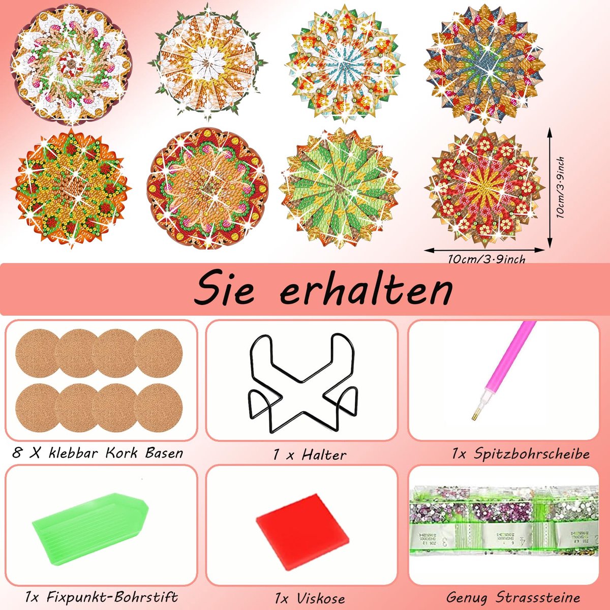Onderzetters voor diamantschilderij met houder, 8 stuks, 5D doe-het-zelf mandala-onderzetters, glazen onderzetters, kan lang opnieuw worden gebruikt, diamant-bekeronderzetters voor beginners,
