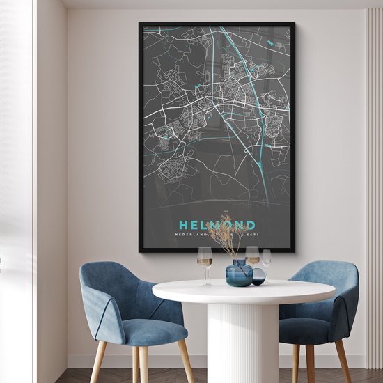 Poster in lijst - Fotolijst 80x120 cm - Posters - Plattegrond - Helmond - Grijs - Blauw - Posterlijst zwart - Decoratie - Wanddecoratie woonkamer - Muurdecoratie slaapkamer