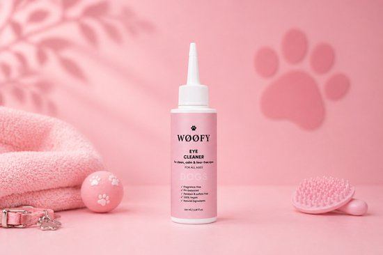 WØØFY oogreiniger voor honden in een roze setting met een zachte roze handdoek en bal. Fles met roze etiket en witte dop.