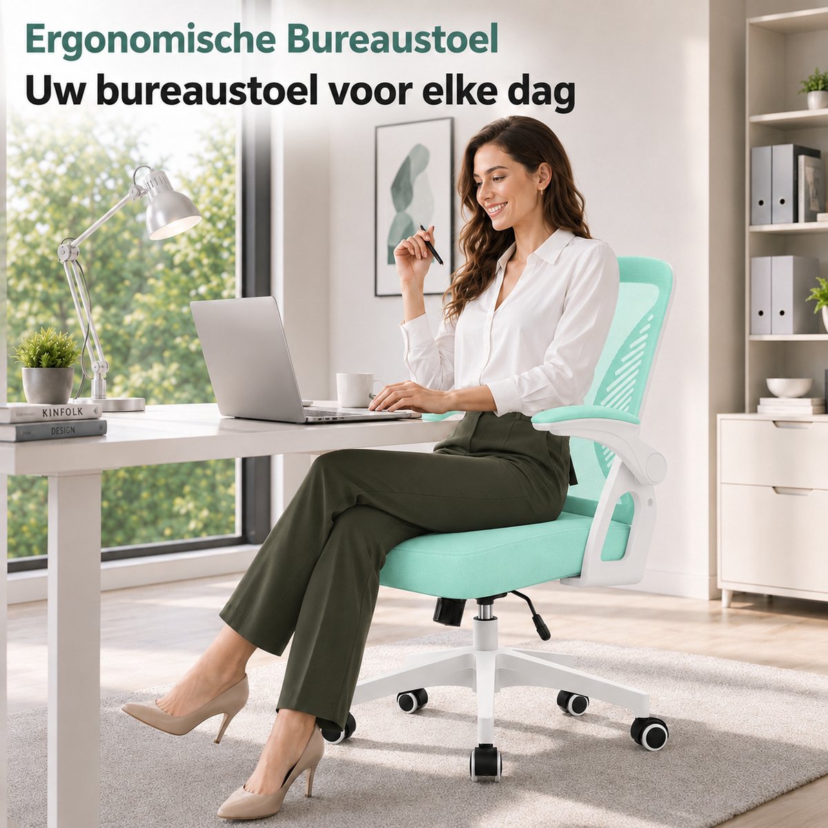 Milacyee Bureaustoel - Ergonomische Bureaustoel – Verstelbare Gaming/Computerstoel met Mesh Rug & Lendensteun – 90° Opklapbare Armleuningen – Directiestoel met Stille Wieltjes – Tot 130 kg Belasting - groente - Geschikt voor thuiswerk en kantoor – foto 7