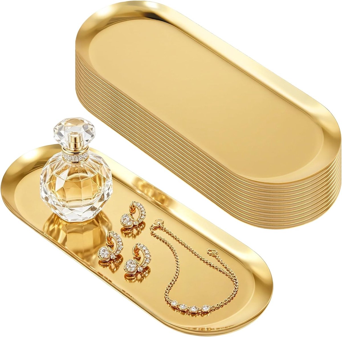 Gouden ovale ijdelheid trays 12 stuks, gepolijst roestvrij staal, sieraden en make-up organizer voor badkamer, slaapkamer en woonkamer