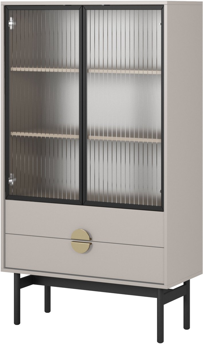 Selsey Stoon II – Vitrinekast met 2 planken en 2 lades, taupe, 85 cm