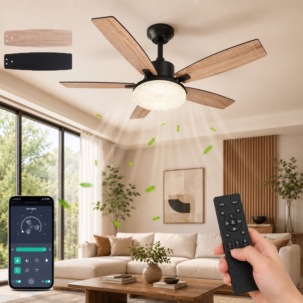 MUPOO Walnoot Plafondventilator met Lamp Ø132 cm -plafondventilator met verlichting met Afstandsbediening - Stille DC Motor & 6 Snelheden-zomer- en winterstand-ventilator lamp plafond met Dubbelzijdige bladen Voor Woonkamer, Slaapkamer en veranda