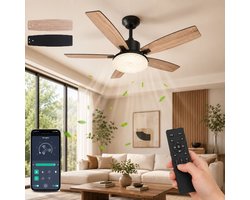 MUPOO Walnoot Plafondventilator met Lamp Ø132 cm -plafondventilator met verlichting met Afstandsbediening - Stille DC Motor & 6 Snelheden-zomer- en winterstand-ventilator lamp plafond met Dubbelzijdige bladen Voor Woonkamer, Slaapkamer en veranda