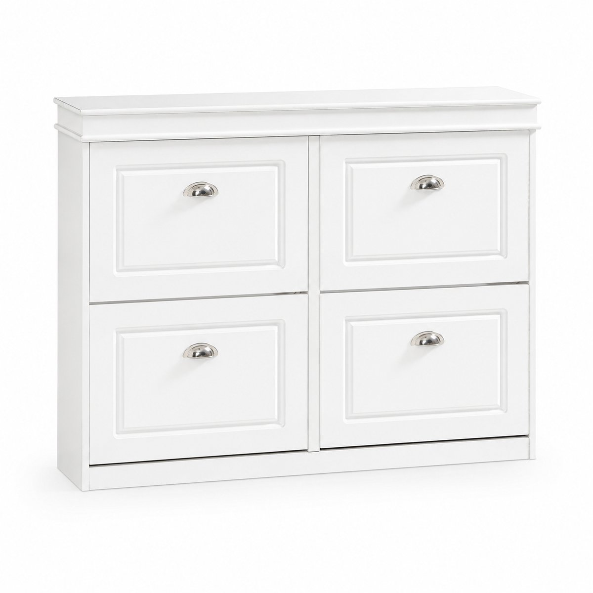 Sello! schoenenkast – 4 kleppen – verstelbare planken – 16 paar schoenen – 105 × 83 × 24 cm (B×H×D) – kantelbeveiliging – wit