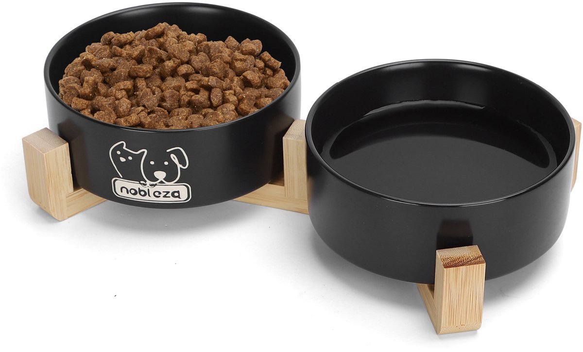 Nobleza Voerbak Hond en Kat Keramiek - 2x 400 ml - Kattenvoerbakjes - Hondenvoerbak - Etensbakjes voor kat - Voerbakken Dubbel met Standaard - Drinkbak en Eetbak - Zwart