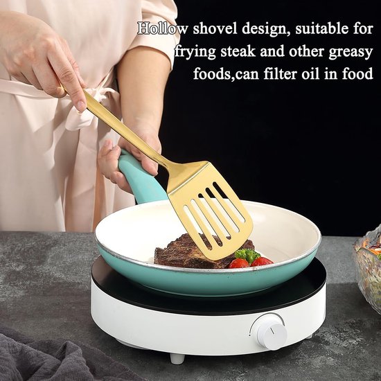 Spatels Set van 2, Kyraton Roestvrijstalen Spatel, Keuken Massieve Geperforeerde Turner voor het Koken van Vis, Eieren, Pannenkoeken, Flipper, Titanium Goud Plateren Kookgerei Set — afbeelding 3