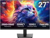 27-inch zwarte monitor met een afbeelding van een kat en specificaties: 2560x1440 resolutie, 120Hz, 1300:1 contrastratio.