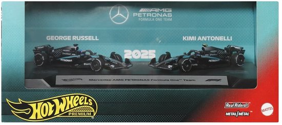Doos met twee zwarte F1-auto's: George Russell en Kimi Antonelli, met logo's.