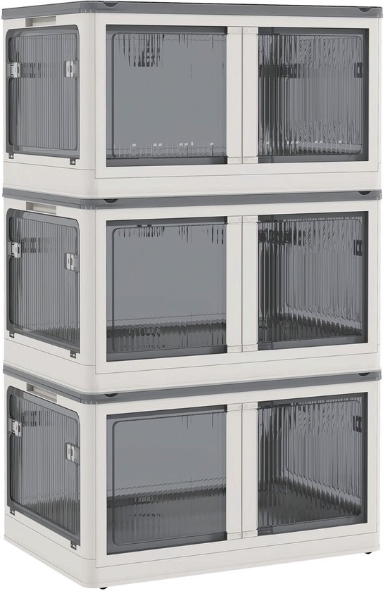 MEUNIQ opvouwbare opbergbox 69 L met wielen, stapelbare opbergkist met 5-zijdige toegang, transparante opening en deksel, 60 x 42 x 34 cm, wit — afbeelding 4
