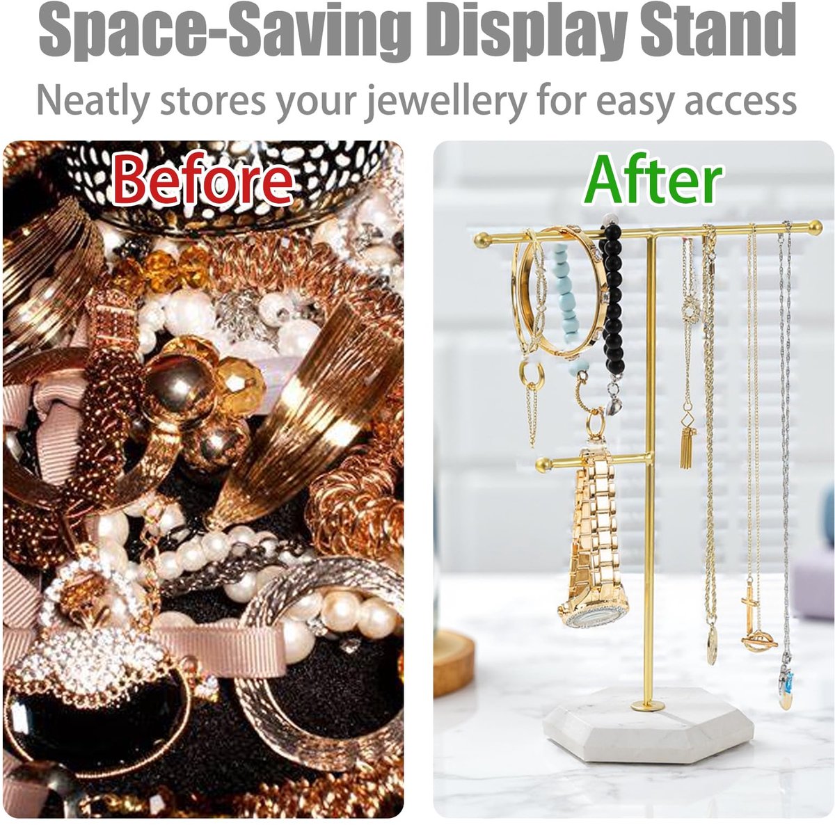 Gouden Sieradenstandaard, Metalen Ketting Displaystandaard Oorbellenhouder, T-Bar Sieraden Organizer Standaard, Sieraden Displaystandaard voor Armbanden Ringen Sleutels Horloges