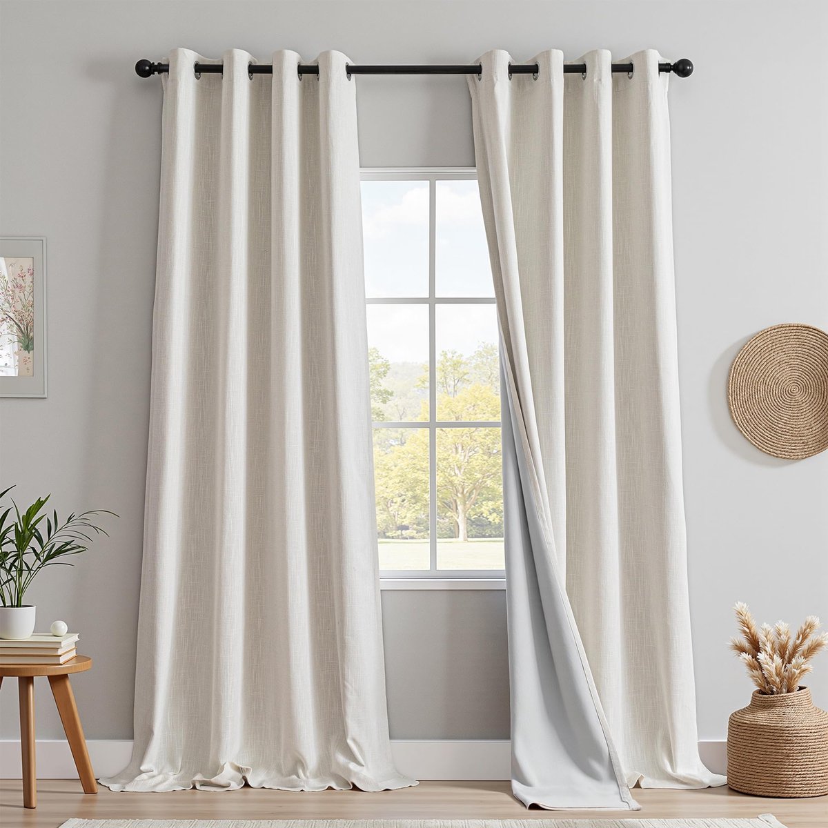 HOME Gordijn, 100% ondoorzichtig, met ringen, verduisteringsgordijnen, linnenmix, thermogordijn, koudebescherming en hittebescherming, voor slaapkamer, set van 2, 245 x 140 cm (h x b