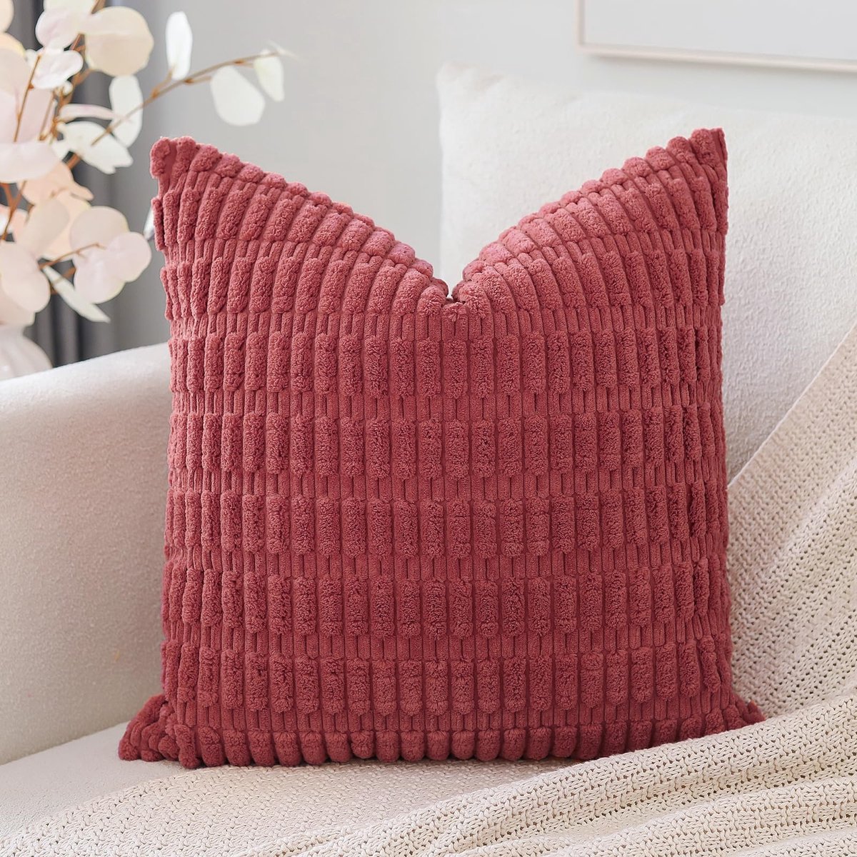 Corduroy set van 1 kussenhoes 60 x 60 cm, super zacht, boho, gestreept, vierkante kussenslopen, decoratieve moderne kussenslopen voor bank, slaapkamer, auto, decoratie, jam, set van 1