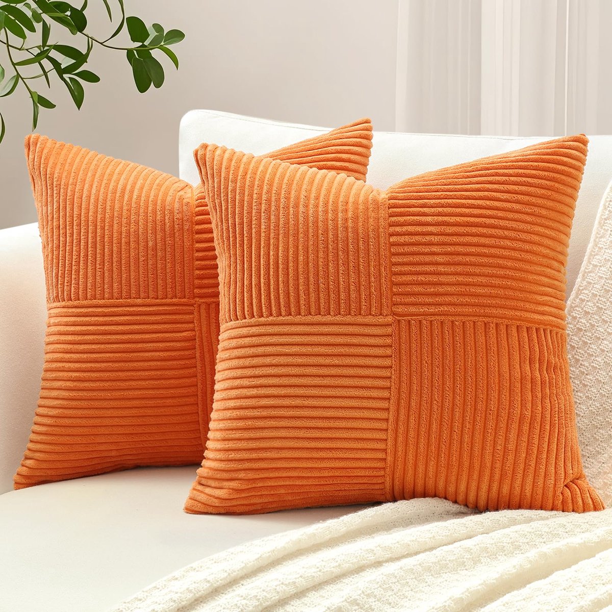 Set van 2 decoratieve kussenslopen 40 x 40 cm, zacht corduroy gestreept kruis patchwork getextureerde kussenslopen, effen vierkante sierkussenhoezen voor bank, bed, terras, 16x16 inch, oranje