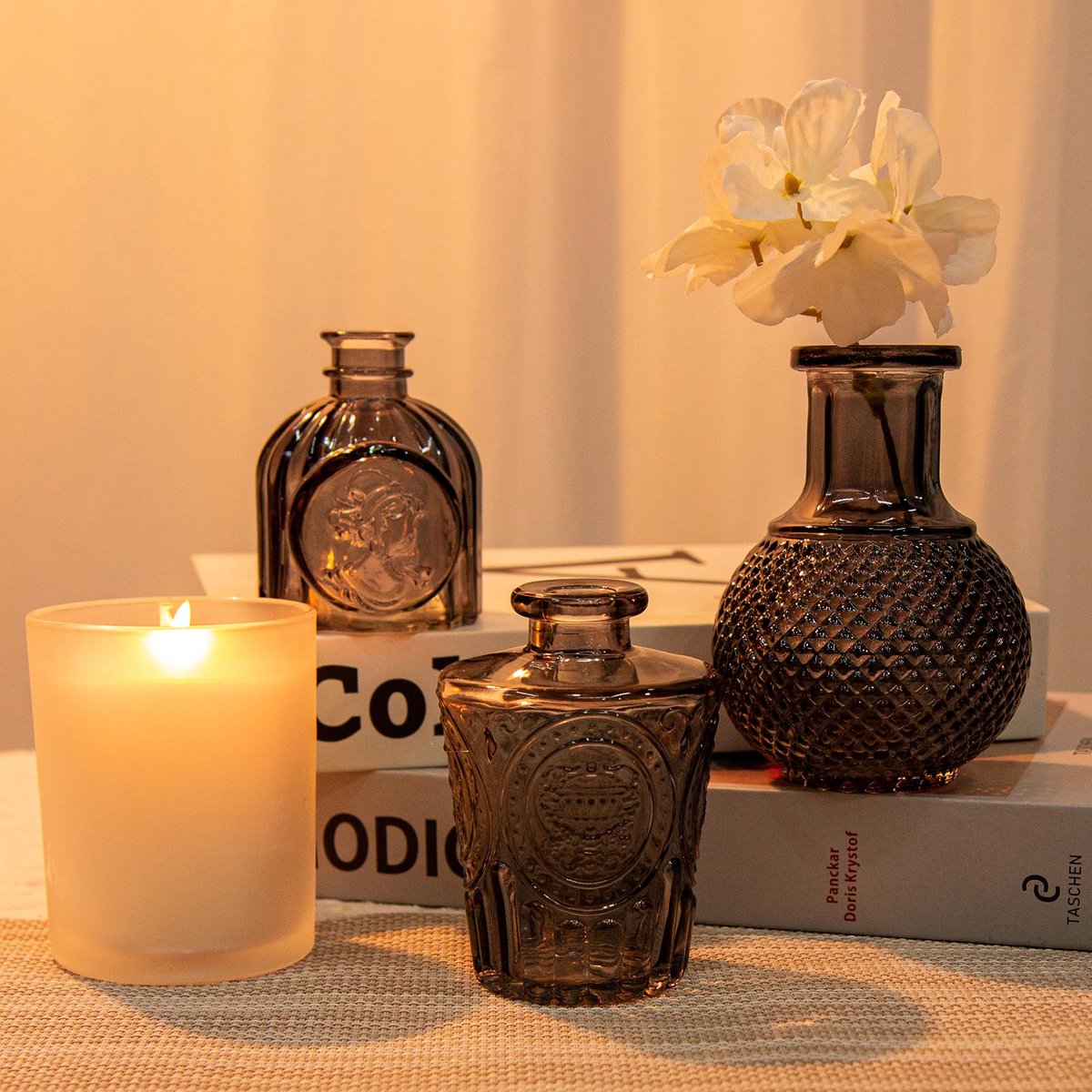 Glazen bud vazen, set van 20 grijze glazen vazen voor bloemen, mini vintage flesvazen voor bloemstukken, decoratieve kleine vazen in bulk voor bruiloft tafeldecoratie, thuistafel