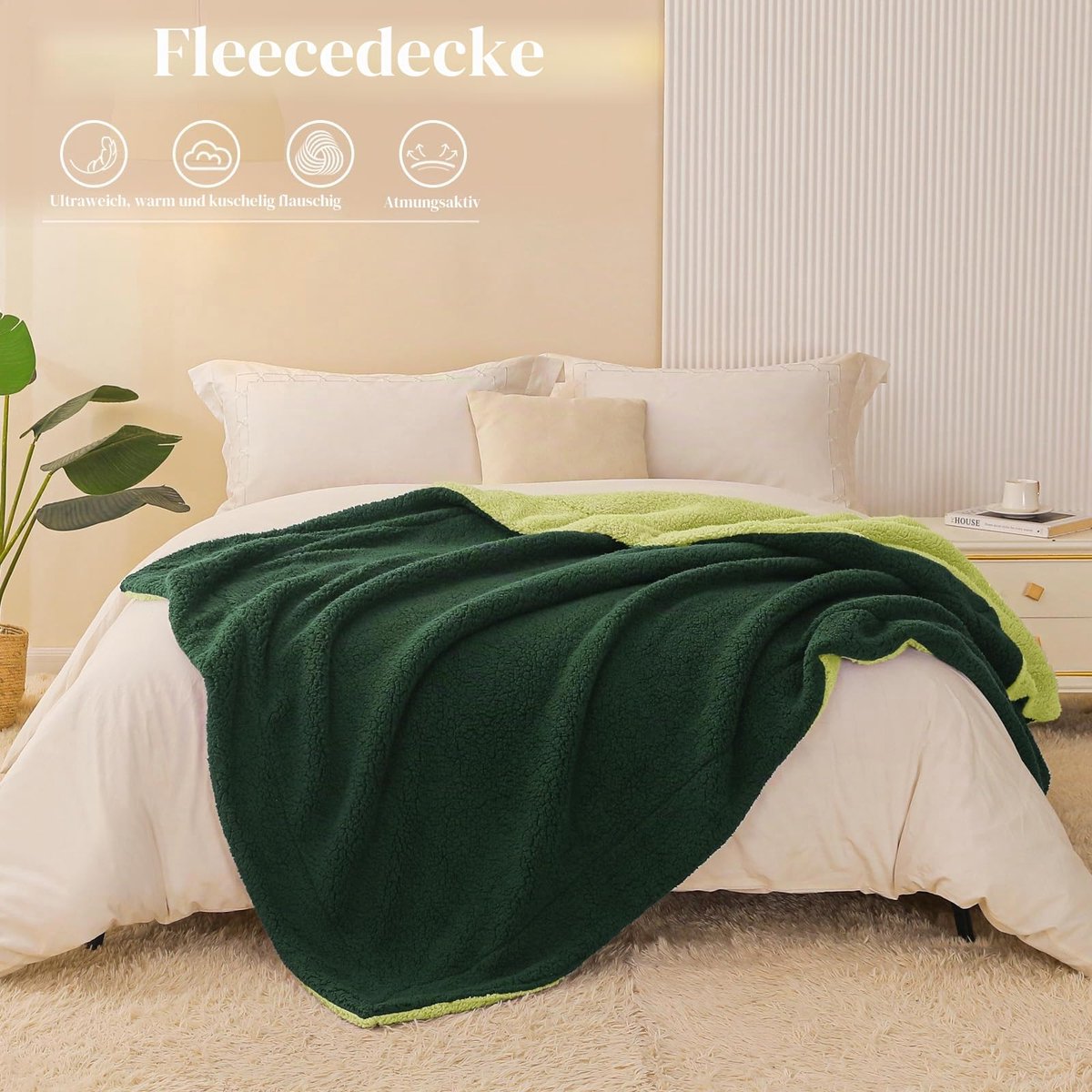 Mezcla Knusse Fleece Deken, Dik en Omkeerbaar, voor Bed en Bank, Warm en Zacht, voor Alle Seizoenen, 130 x 150 cm, Donkergroen/Groen