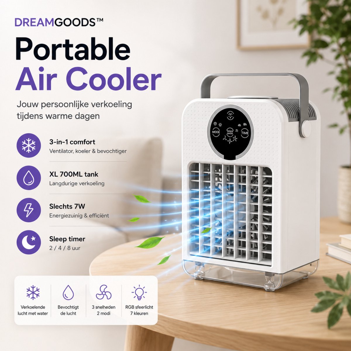 DreamGoods Aircooler - Verkoelen Met Water of IJs - 3-in-1 Luchtkoeler - Koelen, Ventileren & Bevochtigen - 700ML Watertank - Aircooler met Koelelementen - Air Cooler - Ventilateur - Mobiele Airco - Mini Airco zonder Afvoerslang - Koelventilator – foto 2