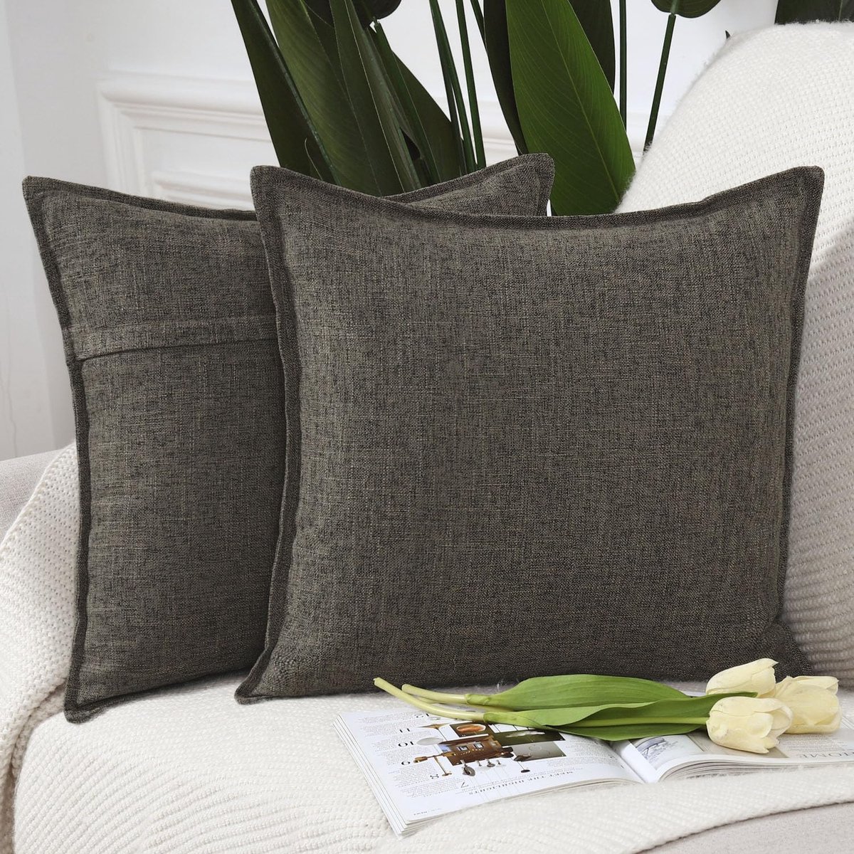 Set van 2 Imitatielinnen kussenslopen Zachte Decoratieve Kussenhoes voor Sofa Slaapkamer Kussensloop 55x55 cm Donker Taupe