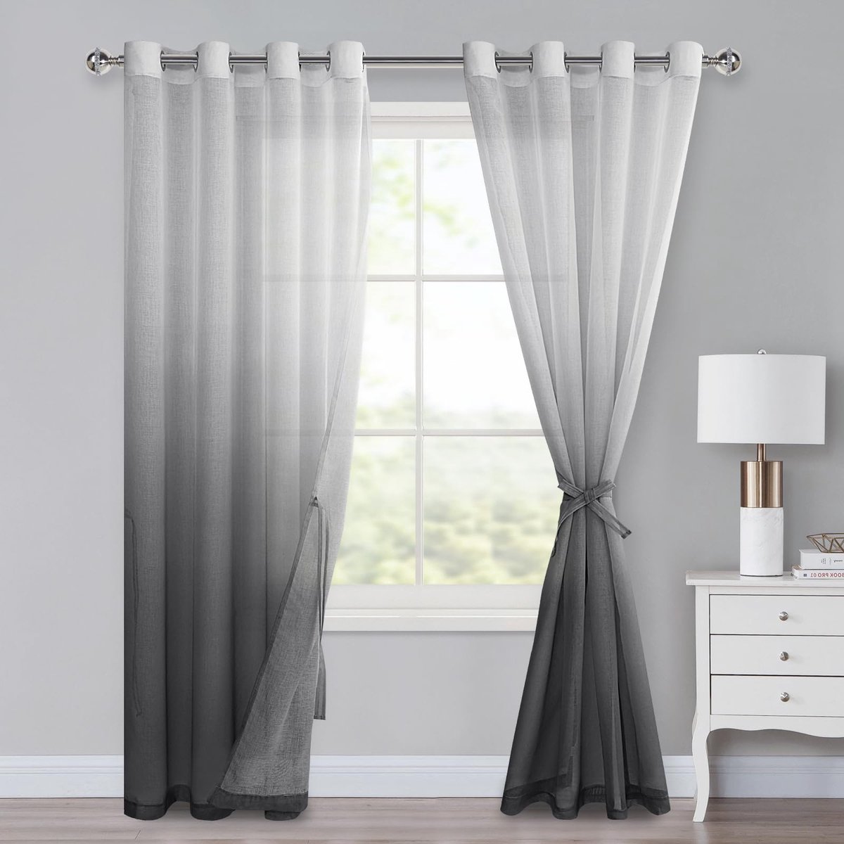 Ombré Gradiënt Gordijnen Set van 2 voor Slaapkamer en Woonkamer Lus Gordijnen met Tie Backs 225 x 140 cm (H x B) Grijs