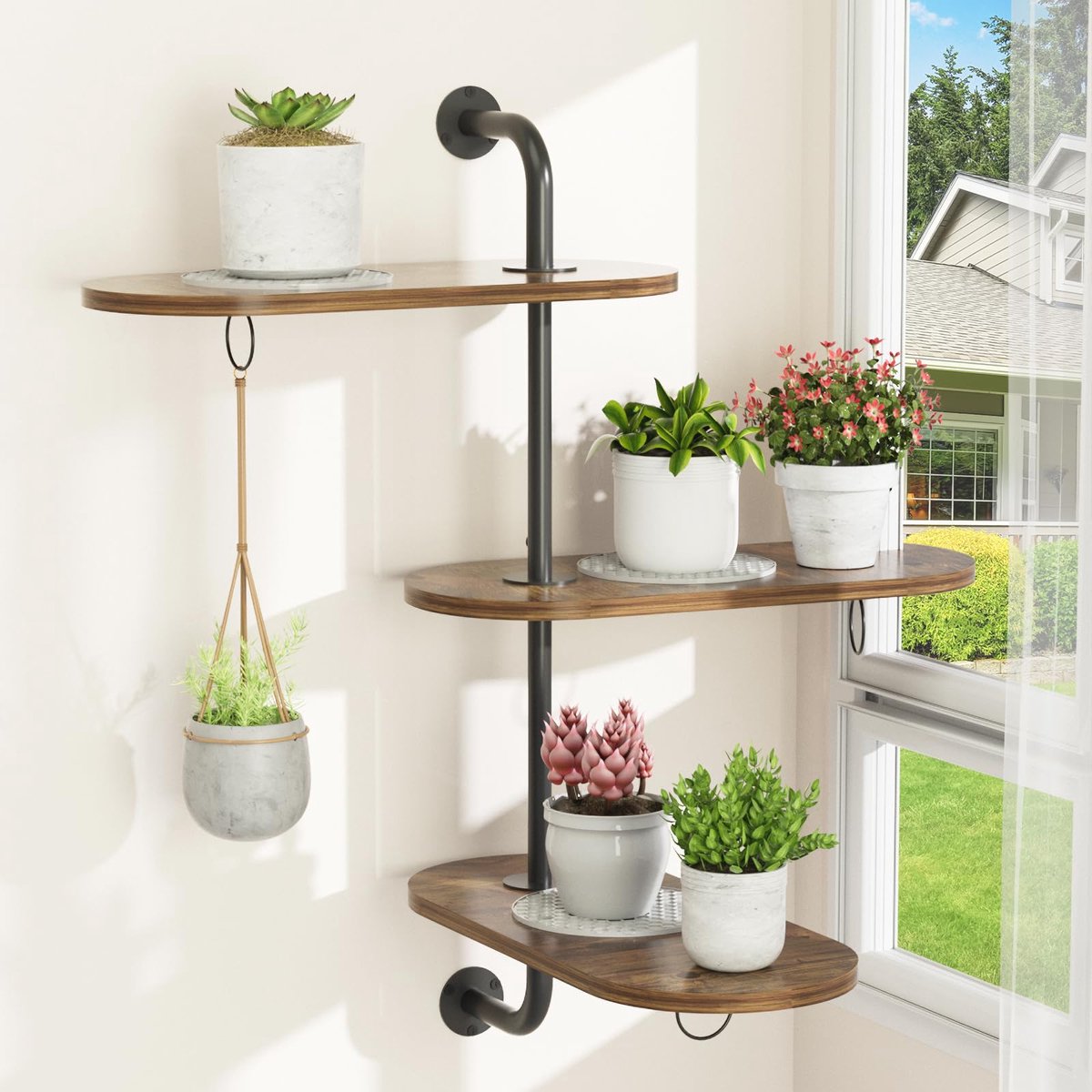 Plantenstandaard 3 niveaus, plantenstandaard binnen en buiten, houten raam plantenplank met 3 cirkelhaken, 3 antislipmatten, hangende plantenplank voor raam, planten, bloempotten