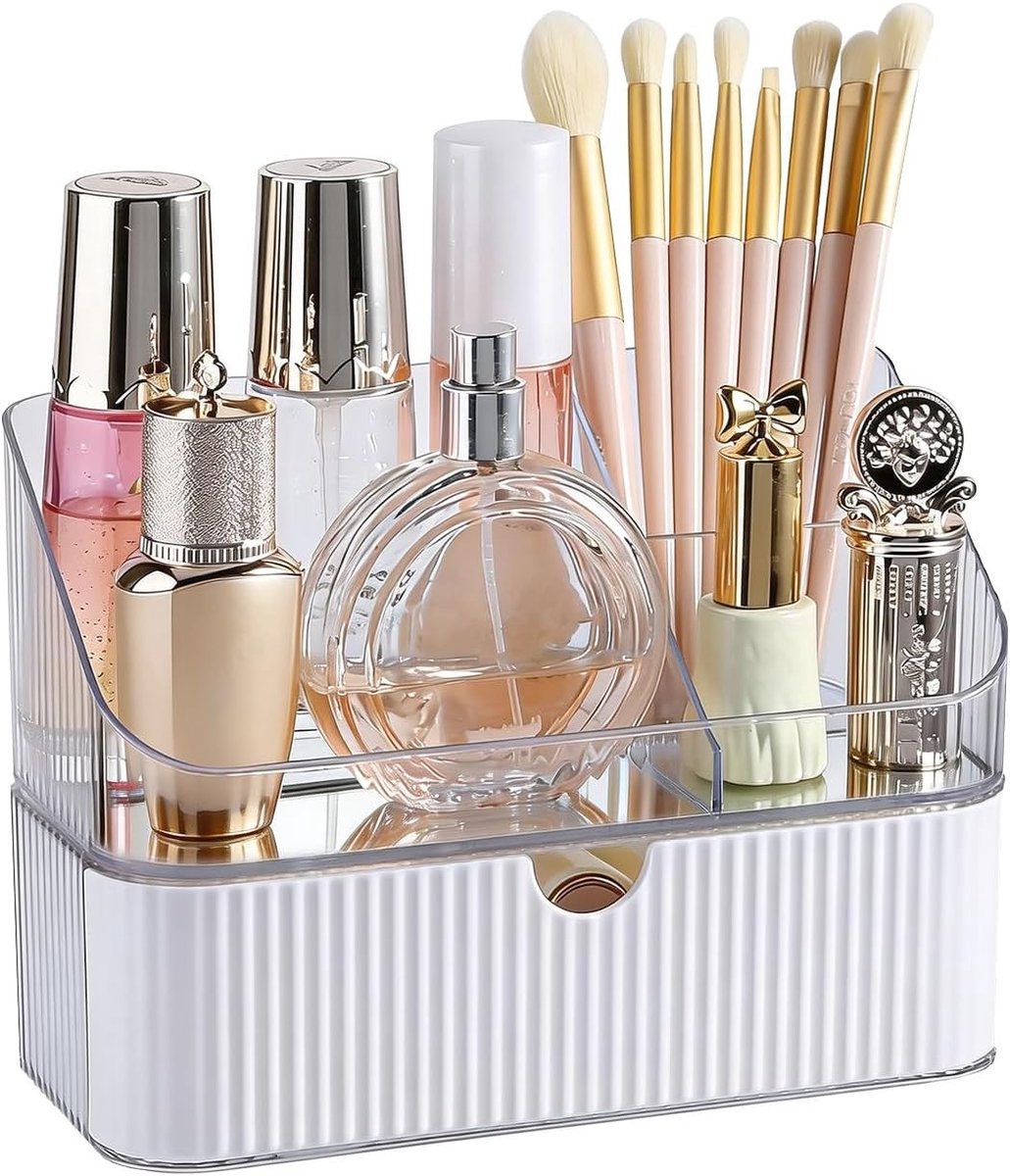 Stapelbare make-uporganizer met 2 niveaus voor cosmetica, huidverzorging en lippenstiften, acryl make-upopbergers voor een opgeruimde make-uptafel