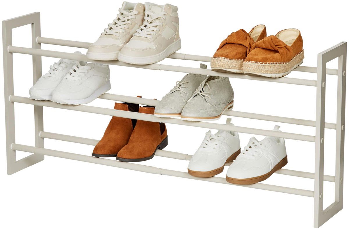 Schoenenrek, stapelbaar, van metaal en hout, voor maximaal 15 paar schoenen, schoenenopslag op 3 niveaus, uittrekbaar, stabiel, grijs