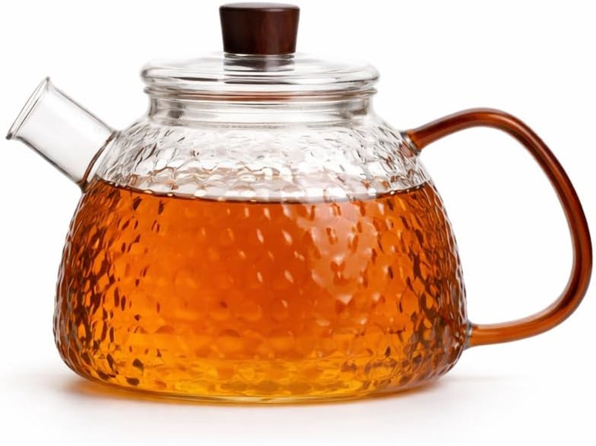 theepot met filter uit gehamerd borosilicaatglas 1L