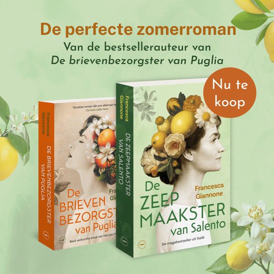 Twee boeken, De brievenbezorgster van Puglia en De zeepmaakster van Salento, met citroenen en bloemen op de cover. Nu te koop.