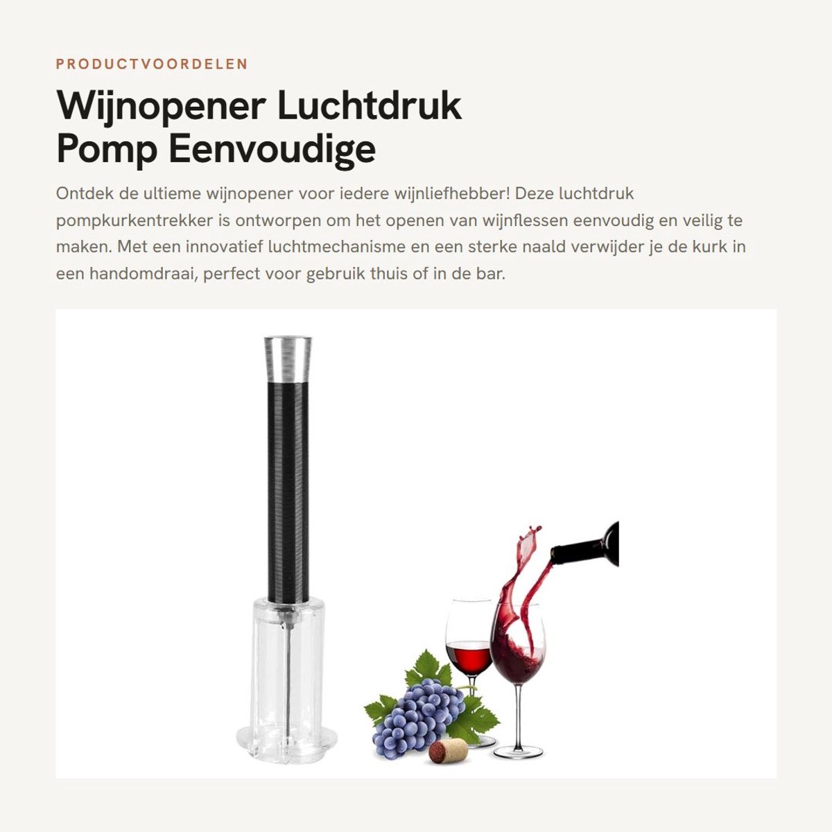 Dailygoods- Wijnopener Luchtdruk Pomp - Kurkentrekker - ABS/Aluminium - 19,5 cm - Eenvoudig - Veilig voor Bottleneck