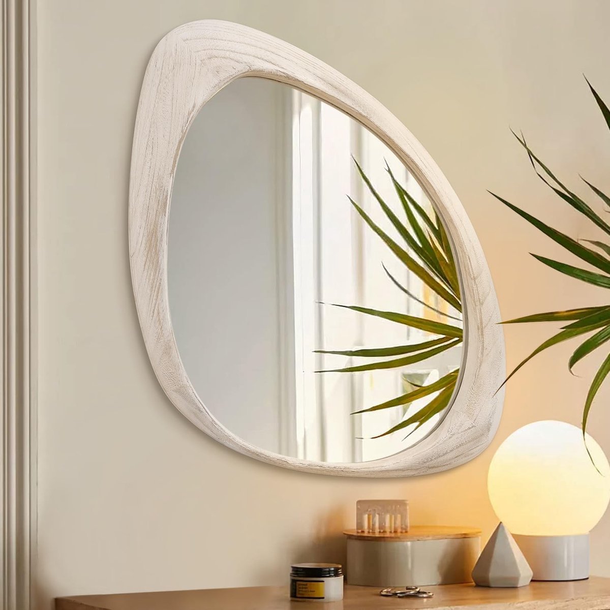 Dailygoods - AAZZKANG Onregelmatige houten wandspiegel 65 l x 45 W cm, asymmetrisch, minimalistisch, decoratief, grote spiegels voor slaapkamer, woonkamer, entree, badkamer
