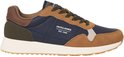 Donkerblauwe sneaker met suède bruine, beige en groene panelen. "JACK & JONES EST. 1990" op de zijkant.